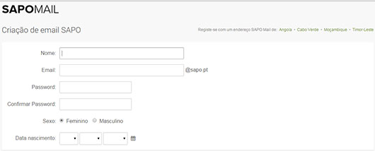 Inscricao email sapo passo — passo 1